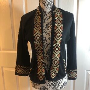 Lucky Brand Black Embroidered Open Cardigan XS Bohemian